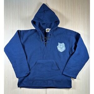 Vintage Earth Ragz Hoodie Mens XL Blue Herringbone Cotton Embroidered Wolf Patch